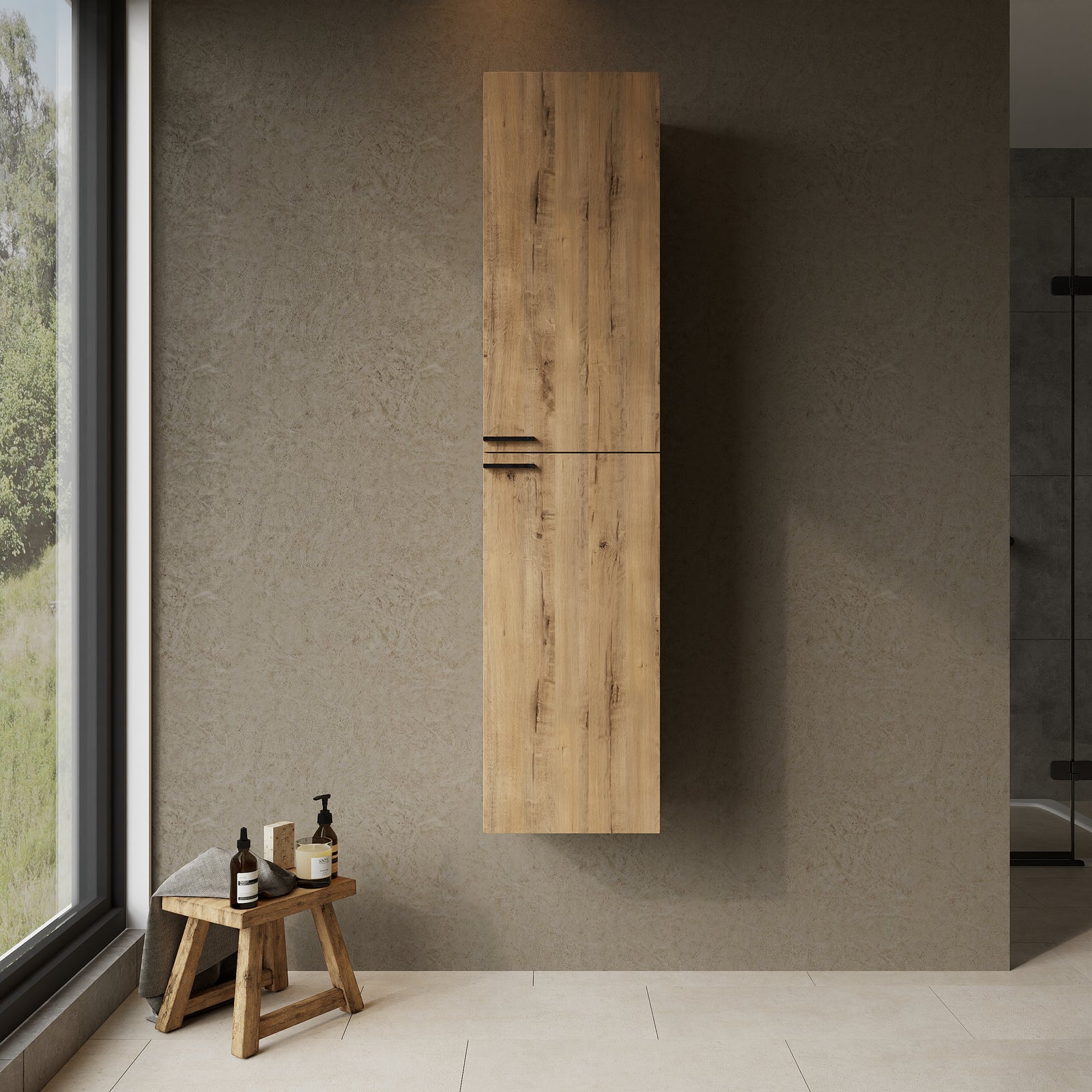Wall-hung Ostippo Oak tall bathroom cabinet with matt black handles—sleek modern storage