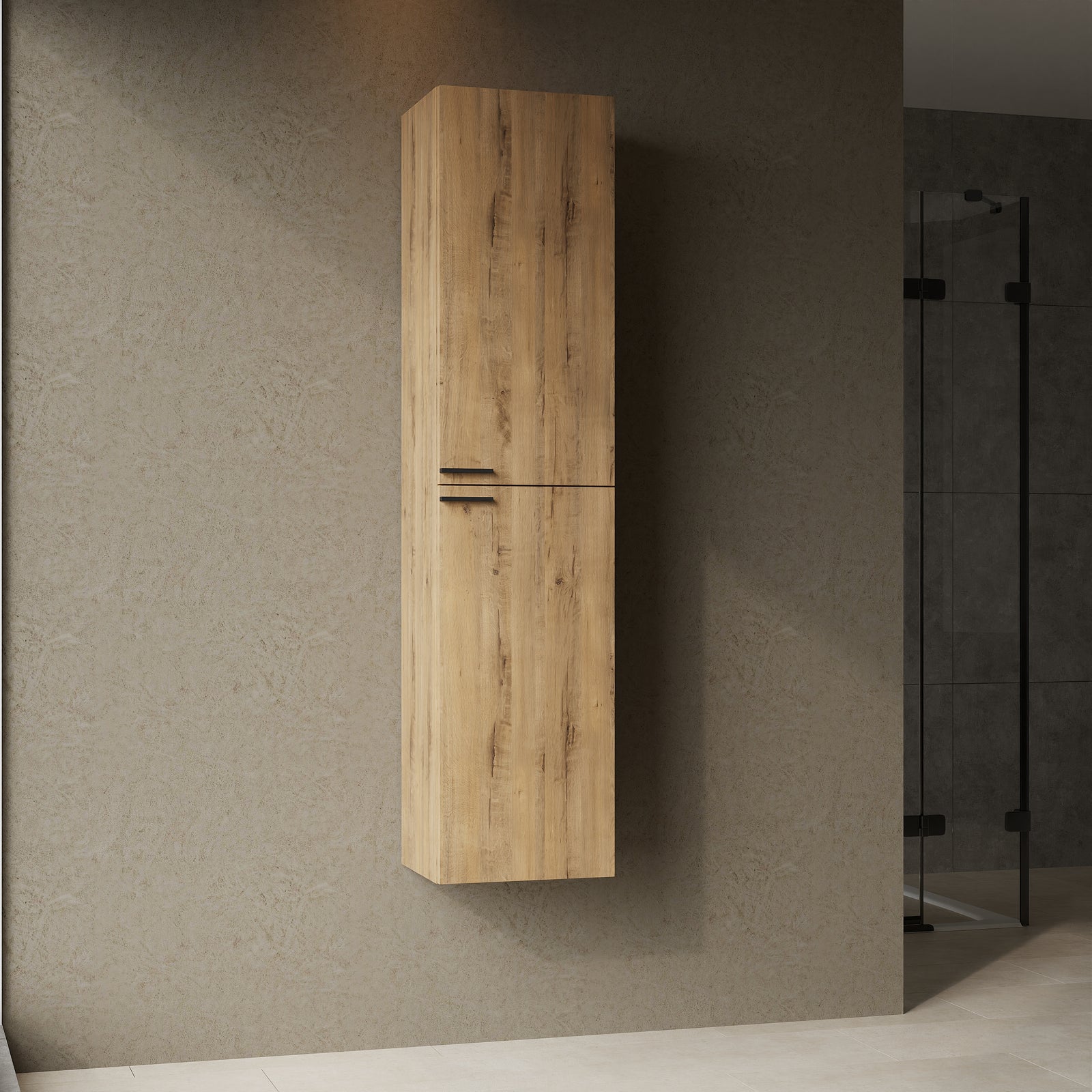 1500 mm tall bathroom cabinet in Roble Ostippo Oak, wall-hung with matt black handles