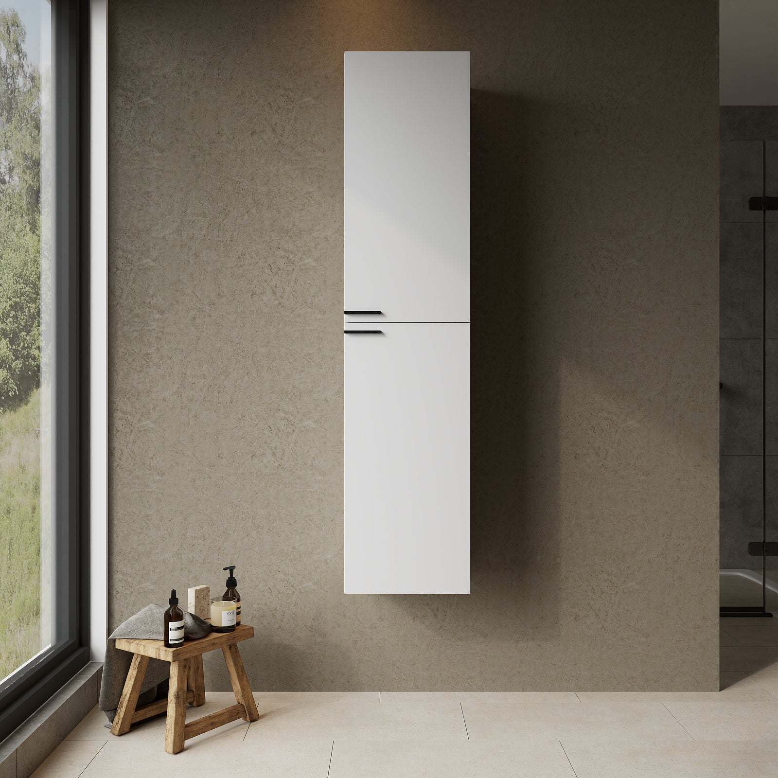 Gloss white wall-hung tall bathroom cabinet with matt black handles—sleek modern storage