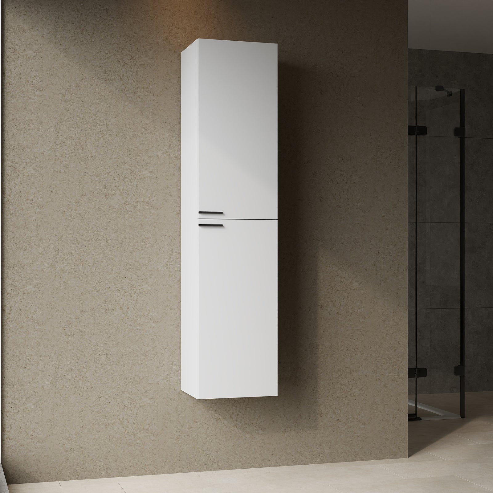 1500 mm tall bathroom cabinet in gloss white with matt black handles, wall-hung minimalist design