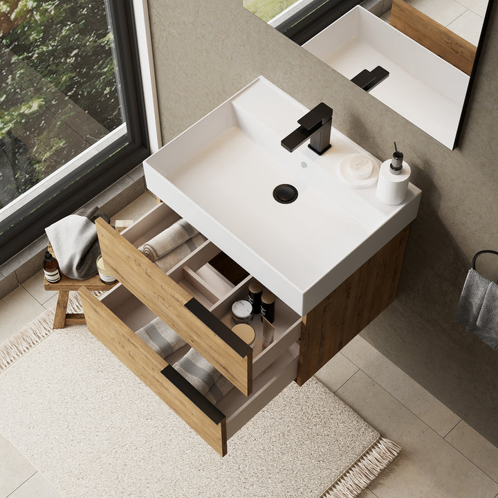 Celtic 600mm Wall Hung Vanity Unit with Matt Black Handles - Ostippo Oak
