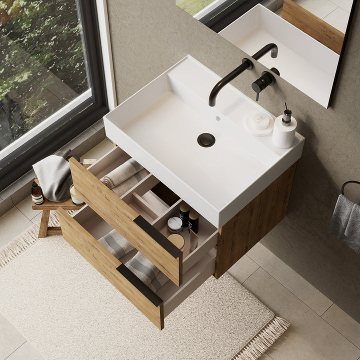Celtic 600mm Wall Hung Vanity Unit with Matt Black Handles - Ostippo Oak
