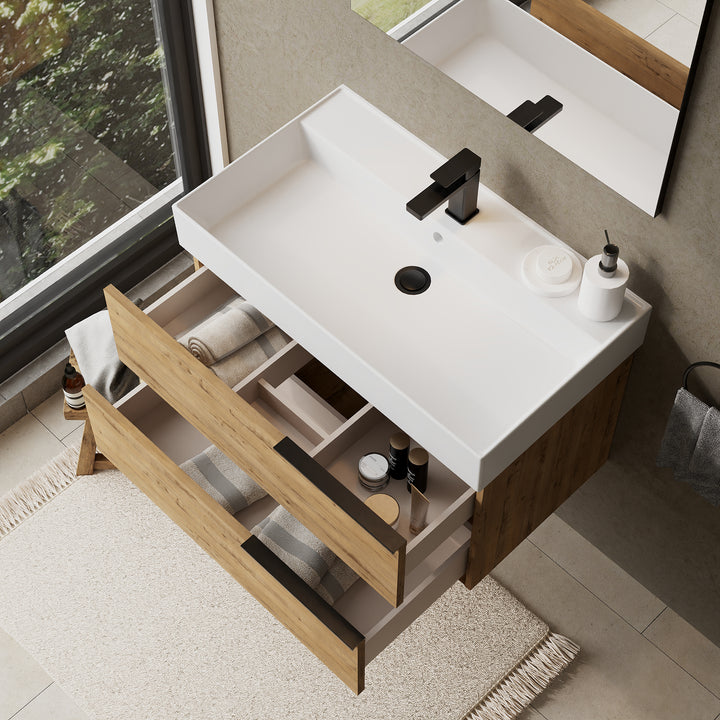 Celtic 800mm Wall Hung Vanity Unit with Matt Black Handles - Ostippo Oak
