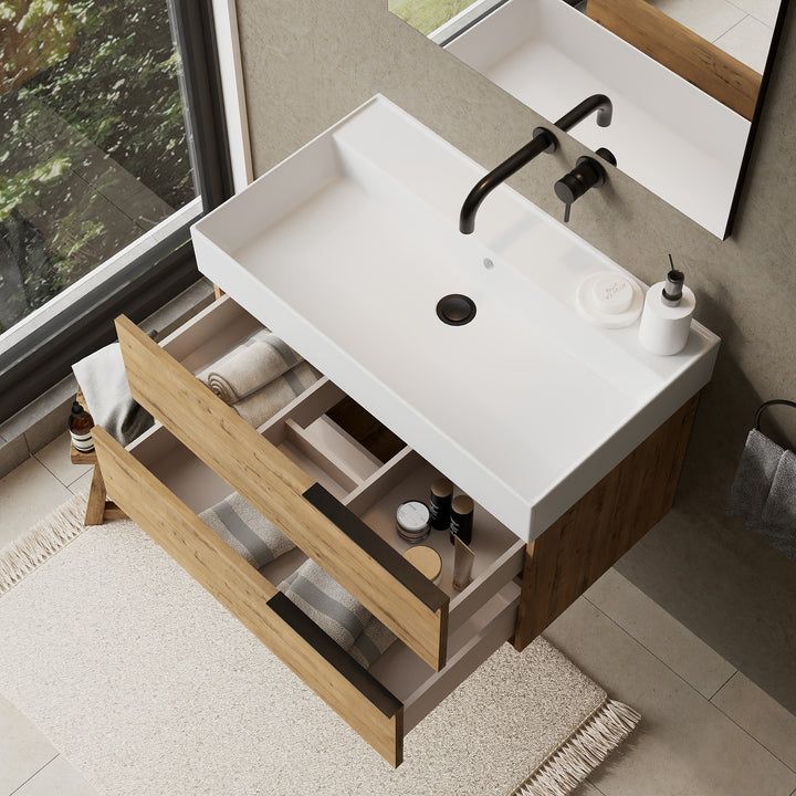Celtic 800mm Wall Hung Vanity Unit with Matt Black Handles - Ostippo Oak