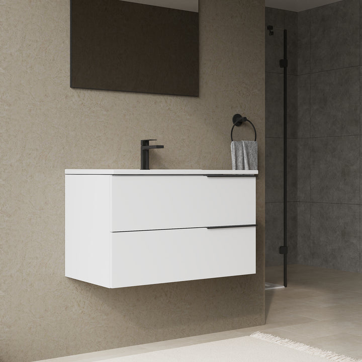 Celtic 800mm Wall Hung Vanity Unit with Matt Black Handles - Gloss White