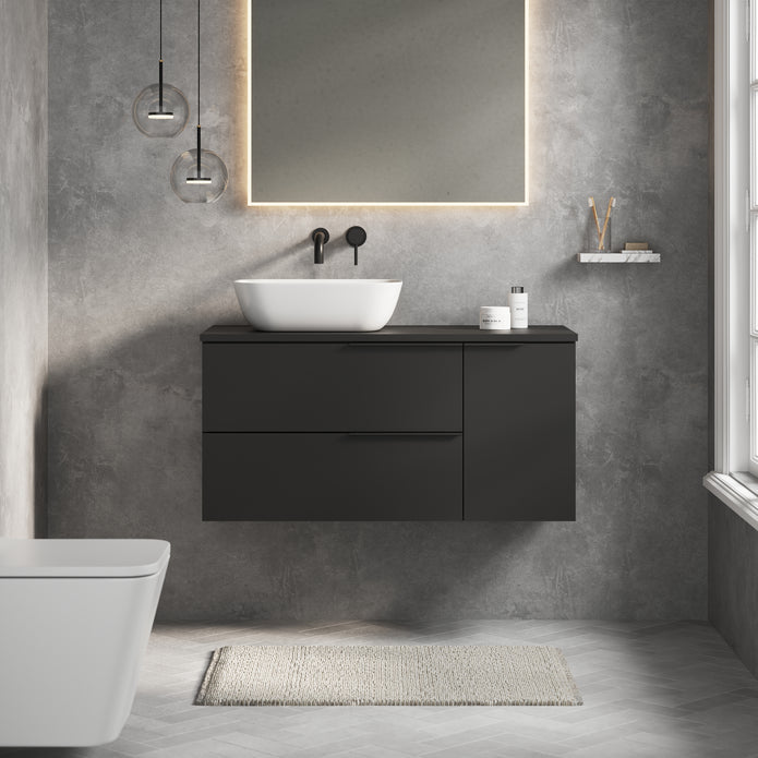 Celtic Duo 1000mm Wall Hung Vanity Unit with Door & Worktop - Matt Black