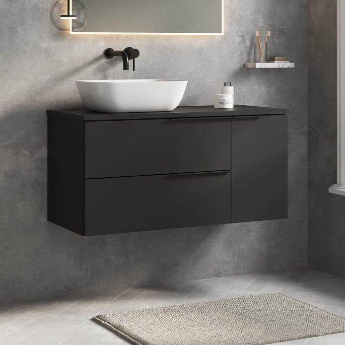 Celtic Duo 800mm Wall Hung Vanity Unit with Door & Worktop - Matt Black