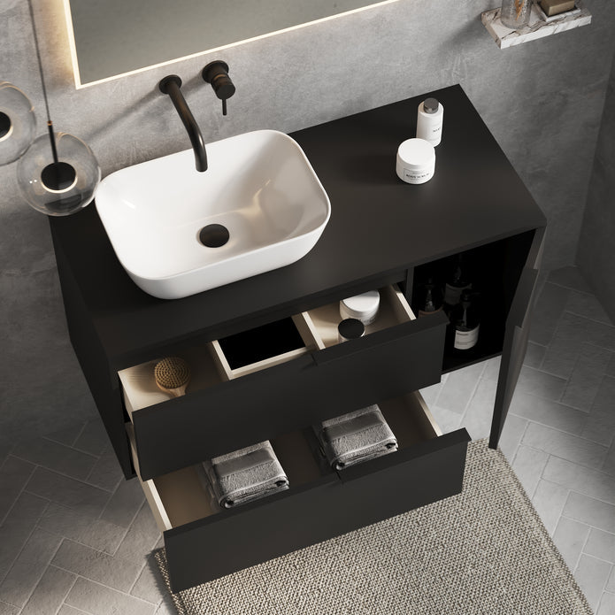 Celtic Duo 800mm Wall Hung Vanity Unit with Door & Worktop - Matt Black