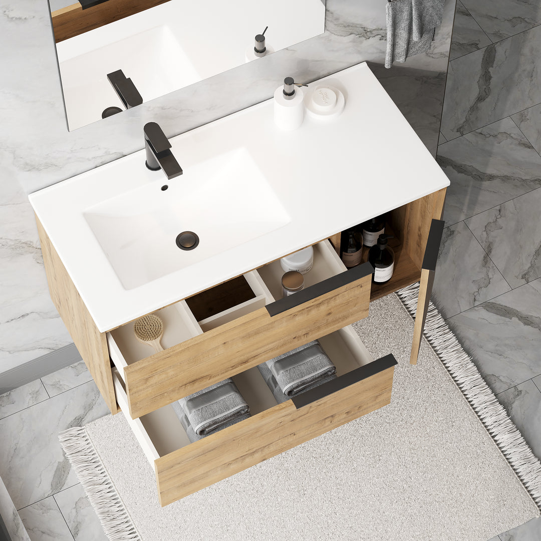 Celtic Duo 1000mm Wall Hung Vanity Unit with Door & Basin - Ostippo Oak