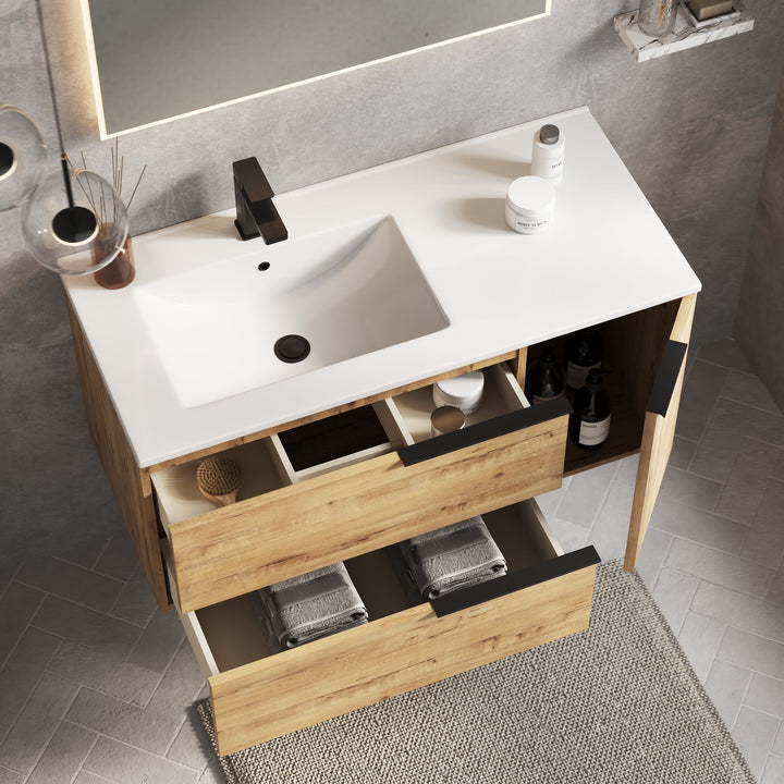 Spacious storage inside Celtic Duo 1000mm wall hung vanity unit in Ostippo Oak – wall hung vanity units for sale