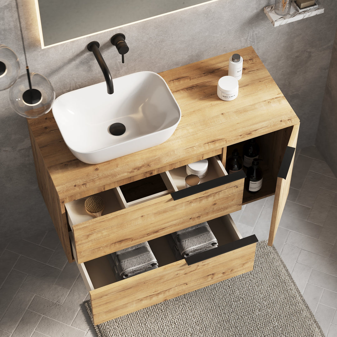 Celtic Duo 1000mm Wall Hung Vanity Unit with Door & Worktop - Ostippo Oak