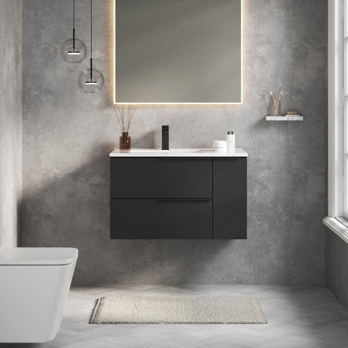 Celtic Duo 800mm Wall Hung Vanity Unit with Door & Basin - Matt Black