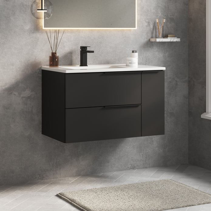 Celtic Duo 800mm Wall Hung Vanity Unit with Door & Basin - Matt Black