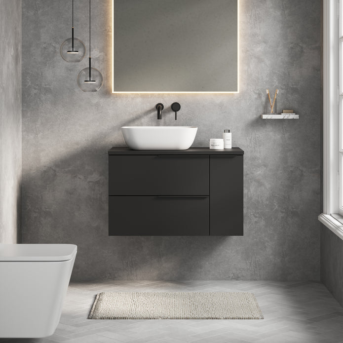 Celtic Duo 800mm Wall Hung Vanity Unit with Door & Worktop - Matt Black