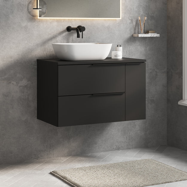 Celtic Duo 800mm Wall Hung Vanity Unit with Door & Worktop - Matt Black