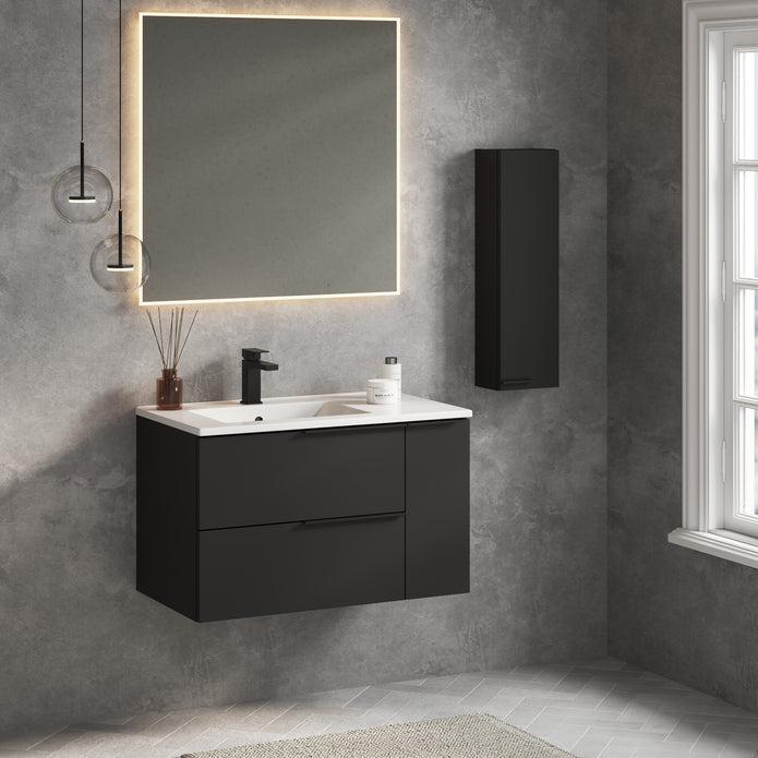 Celtic Duo 800mm Wall Hung Vanity Unit with Door & Basin - Matt Black