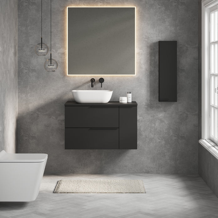Celtic Duo 800mm Wall Hung Vanity Unit with Door & Worktop - Matt Black