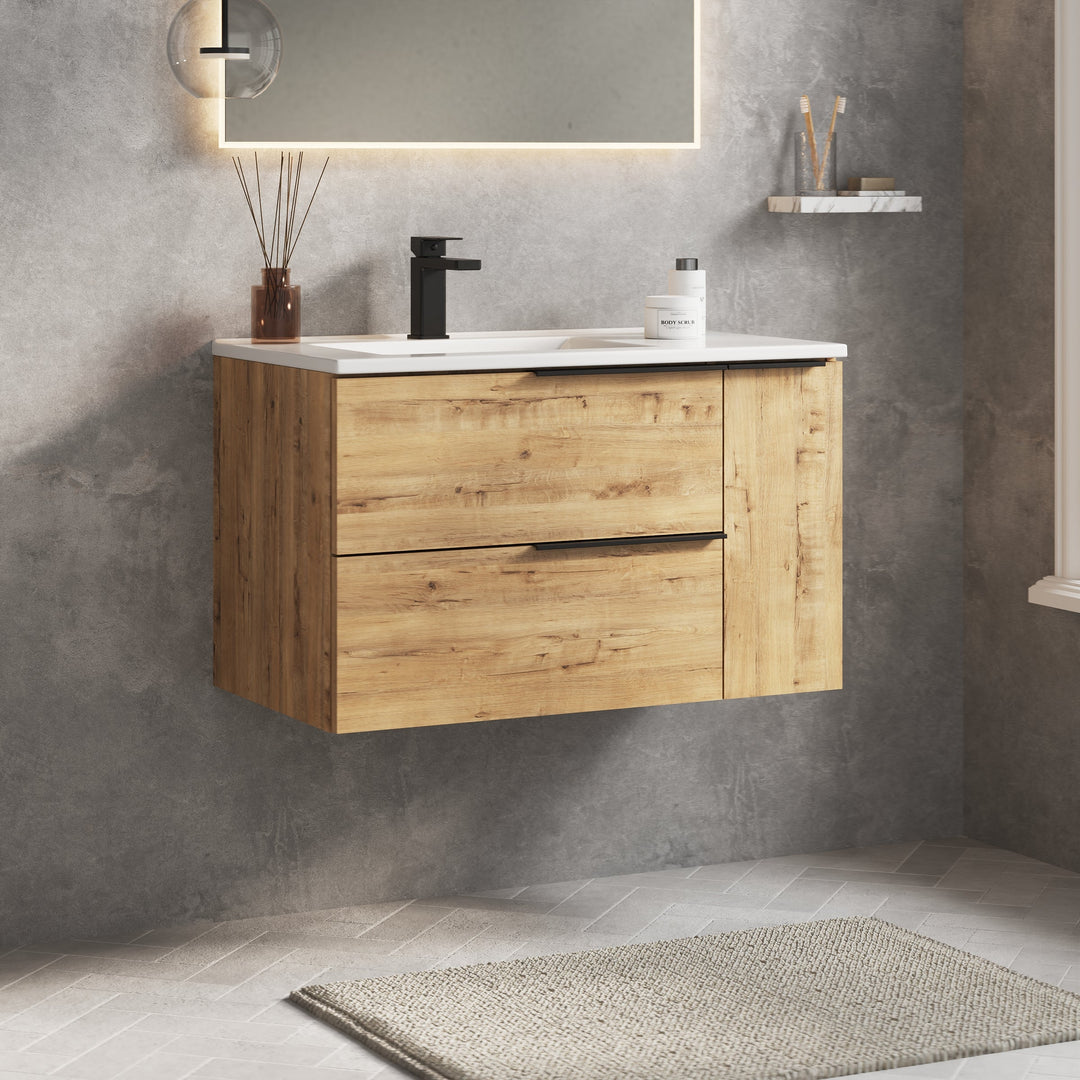 Celtic Duo 800mm Wall Hung Vanity Unit with Door & Basin - Ostippo Oak