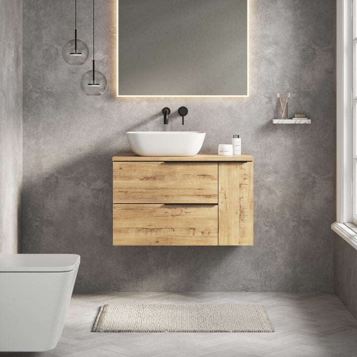 Celtic Duo 800mm Wall Hung Vanity Unit with Door & Worktop - Ostippo Oak