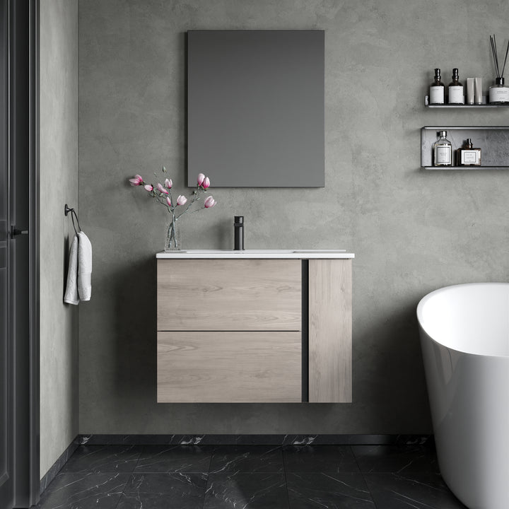 Evora 800mm Wall Hung Basin Unit with Matt Black Handles - Iron Oak