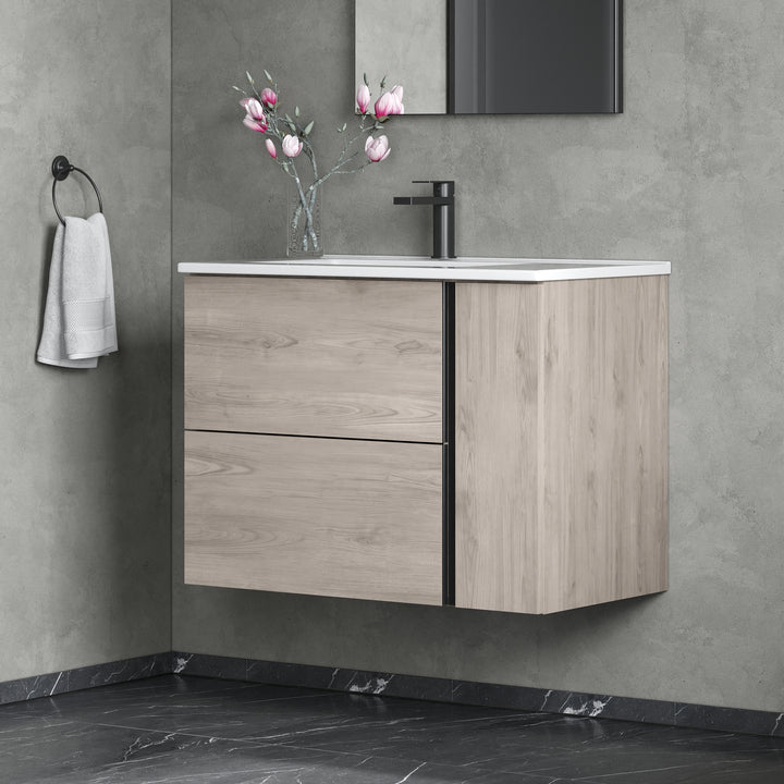 Evora 800mm Wall Hung Basin Unit with Matt Black Handles - Iron Oak