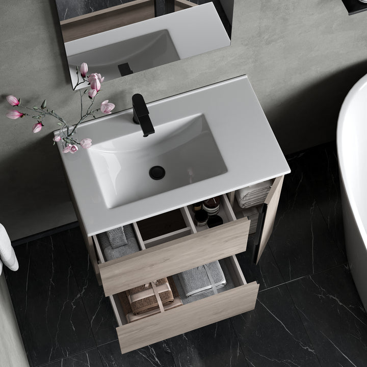 Evora 800mm Wall Hung Basin Unit with Matt Black Handles - Iron Oak