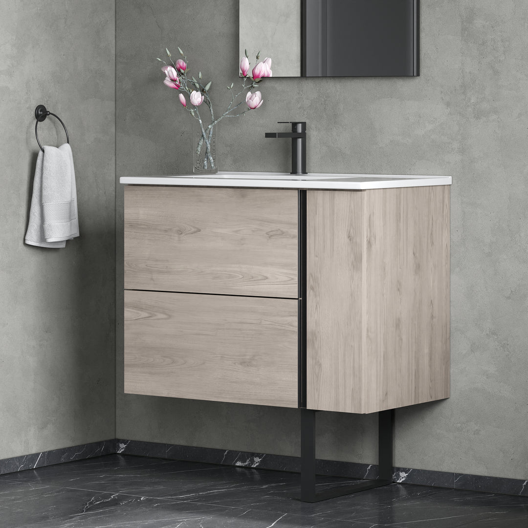Evora 800mm Wall Hung Basin Unit with Matt Black Handles - Iron Oak
