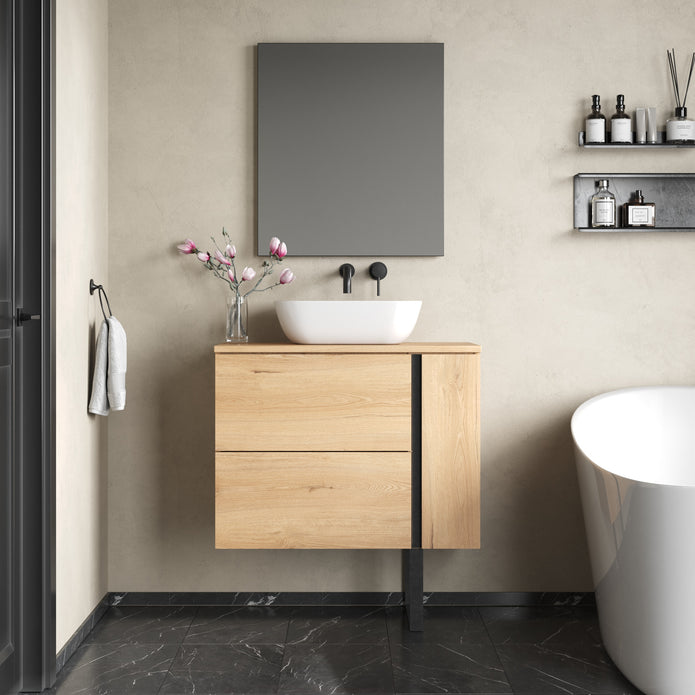 Evora 800mm Wall Hung Basin Unit with Matt Black Handles - Natural Oak