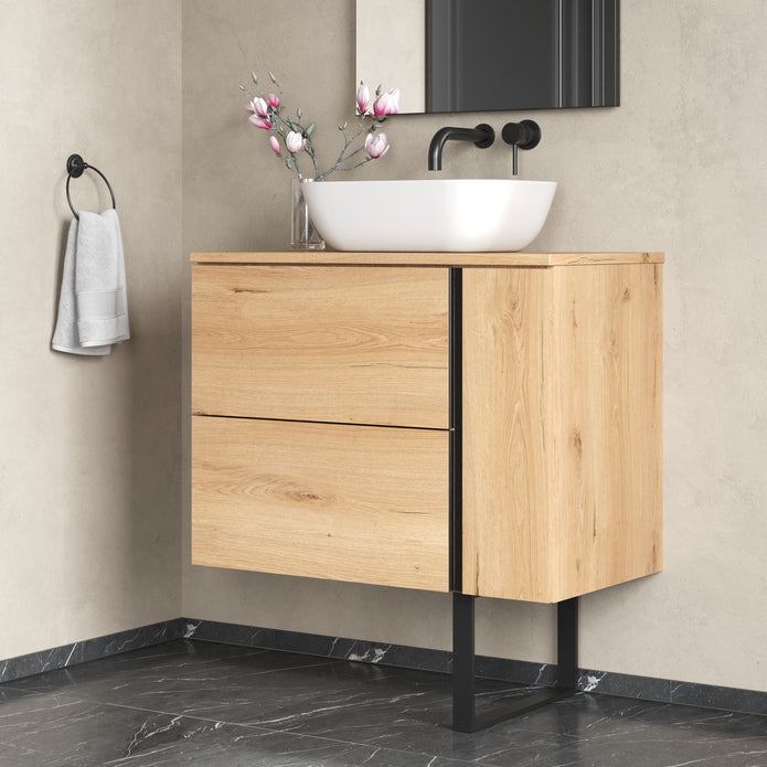 Evora 800mm Wall Hung Basin Unit with Matt Black Handles - Natural Oak