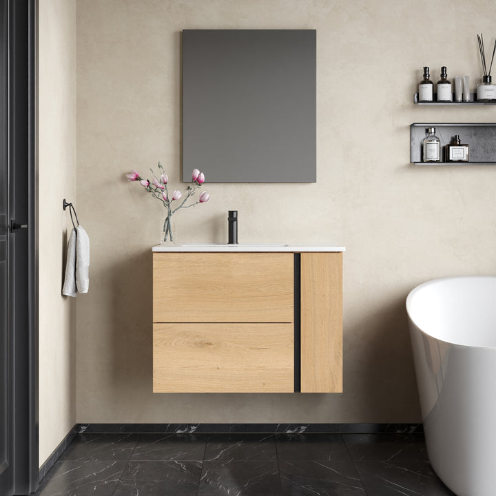 Evora 800mm Wall Hung Basin Unit with Matt Black Handles - Natural Oak