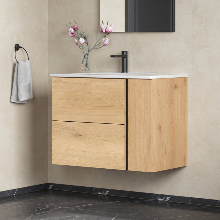 Evora 800mm Wall Hung Basin Unit with Matt Black Handles - Natural Oak