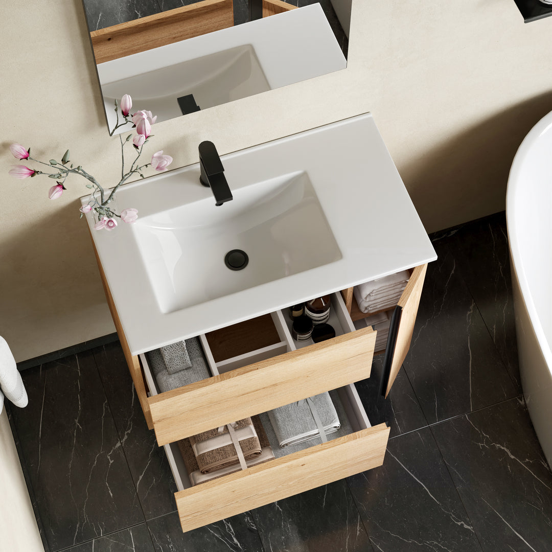 Evora 800mm Wall Hung Basin Unit with Matt Black Handles - Natural Oak