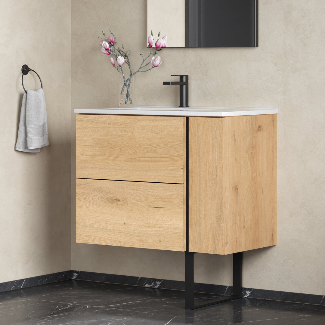 Evora 800mm Wall Hung Basin Unit with Matt Black Handles - Natural Oak
