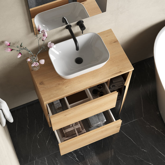 Evora 800mm Wall Hung Basin Unit with Matt Black Handles - Natural Oak