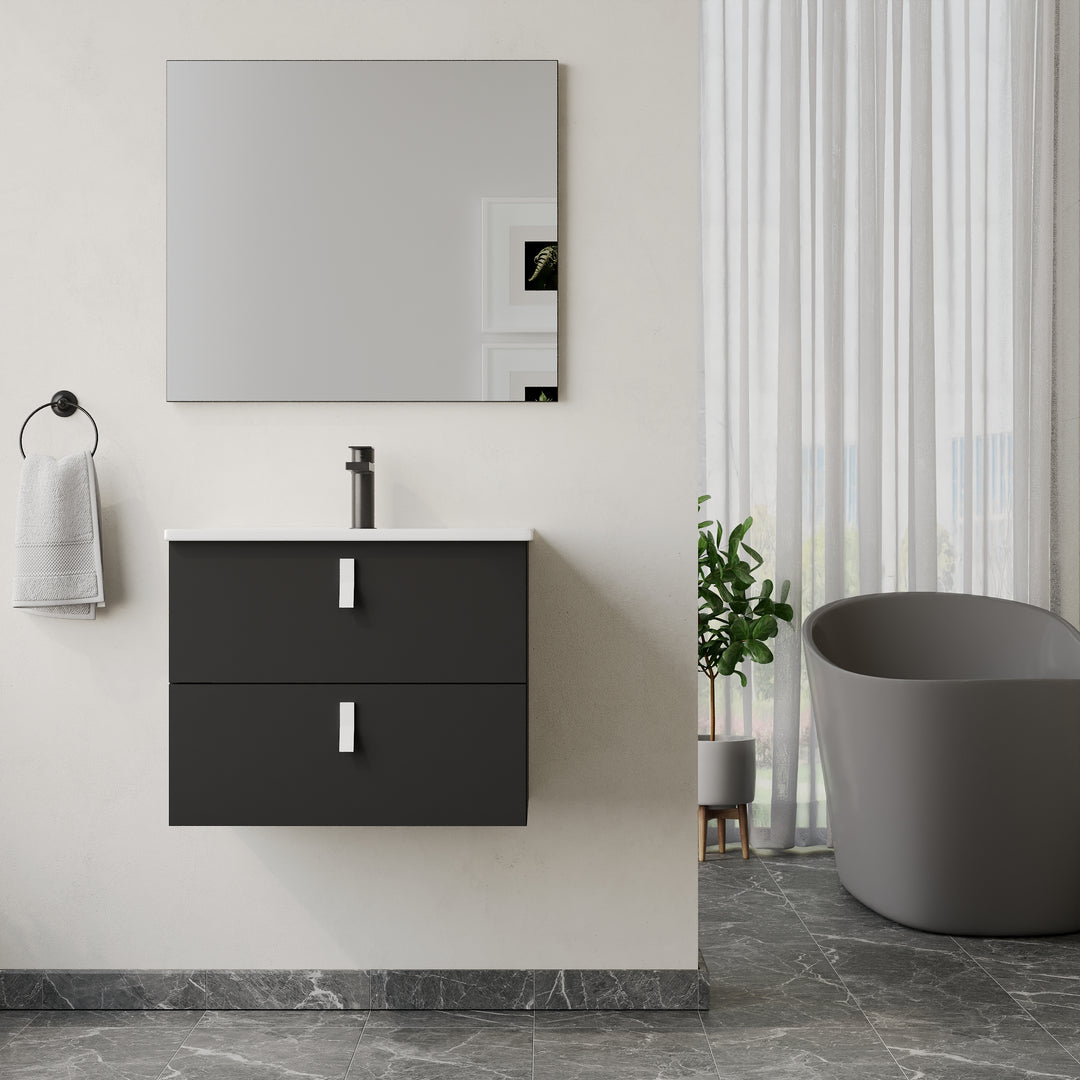 Invicta 600mm Wall Hung Vanity Unit with White Handles - Matt Black
