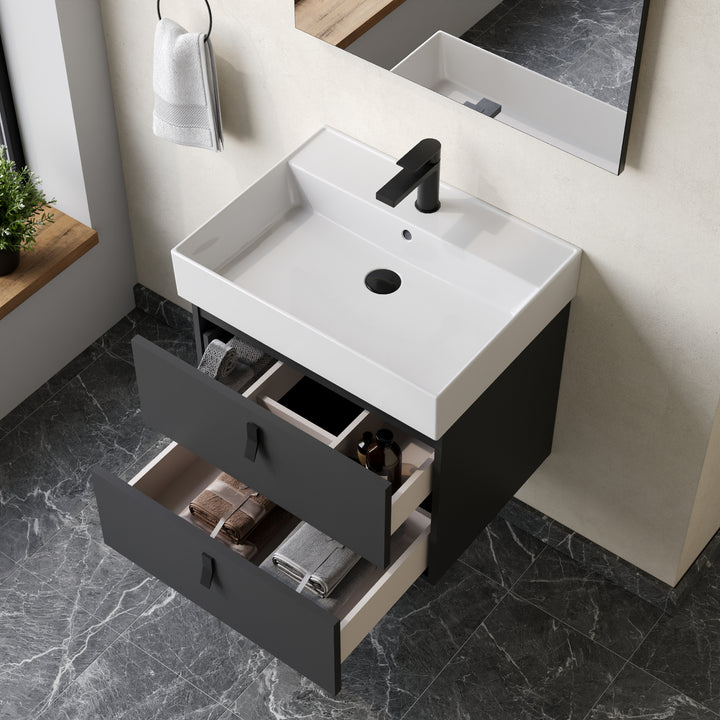 Invicta 600mm Wall Hung Vanity Unit with White Handles - Matt Black