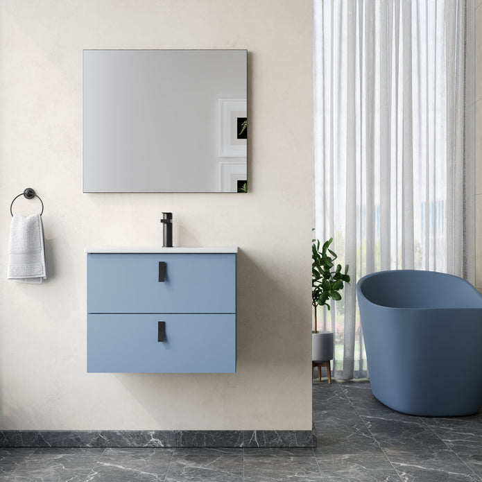 Invicta 600mm Wall Hung Vanity Unit with Matt Black Handles - Powder Blue
