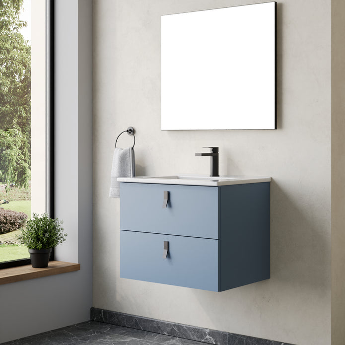 Invicta 600mm Wall Hung Vanity Unit with Matt Black Handles - Powder Blue