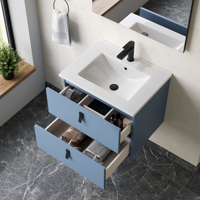 Invicta 600mm Wall Hung Vanity Unit with Matt Black Handles - Powder Blue