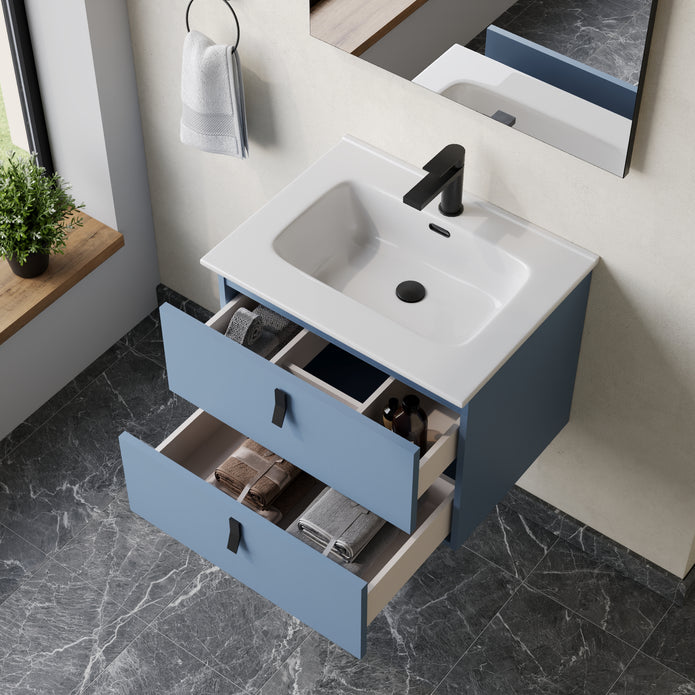Invicta 600mm Wall Hung Vanity Unit with Matt Black Handles - Powder Blue