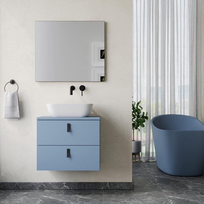 Invicta 600mm Wall Hung Vanity Unit with Matt Black Handles - Powder Blue