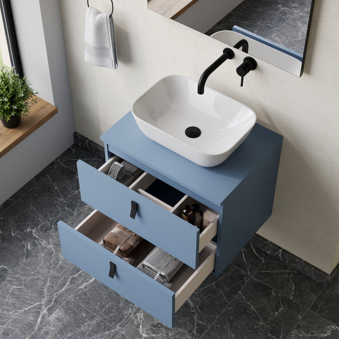 Invicta 600mm Wall Hung Vanity Unit with Matt Black Handles - Powder Blue