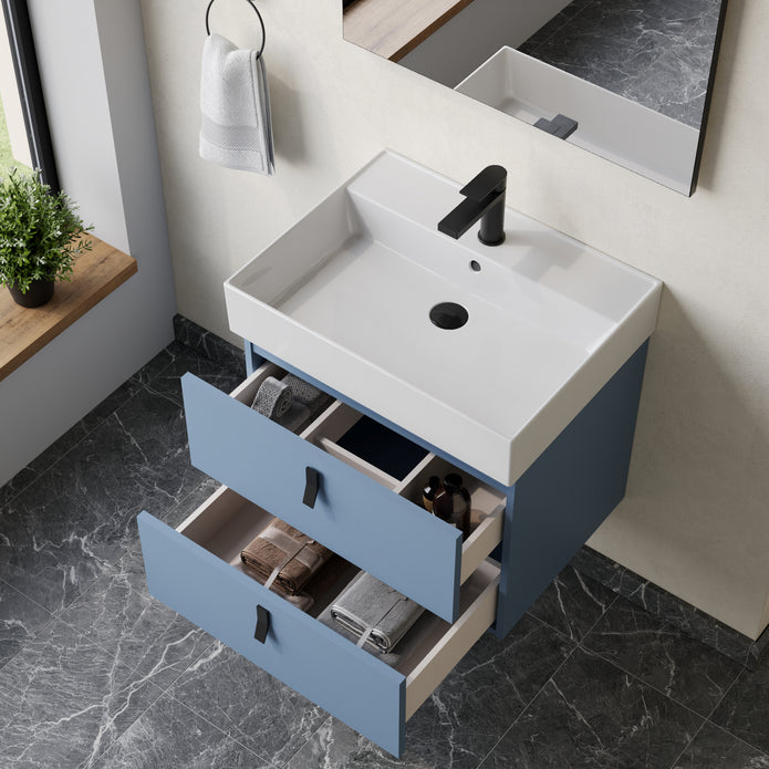 Invicta 600mm Wall Hung Vanity Unit with Matt Black Handles - Powder Blue