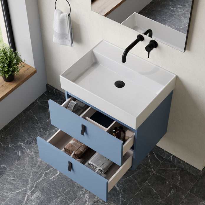 Invicta 600mm Wall Hung Vanity Unit with Matt Black Handles - Powder Blue