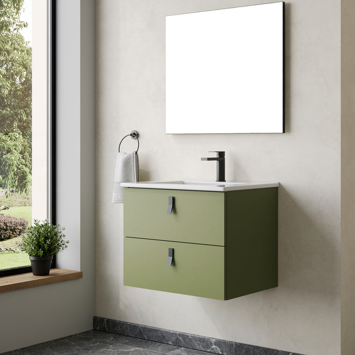Invicta 600mm Wall Hung Vanity Unit with Matt Black Handles - Sage Green