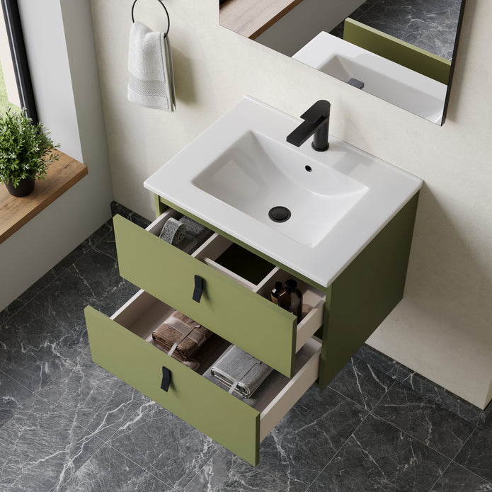 Invicta 600mm Wall Hung Vanity Unit with Matt Black Handles - Sage Green