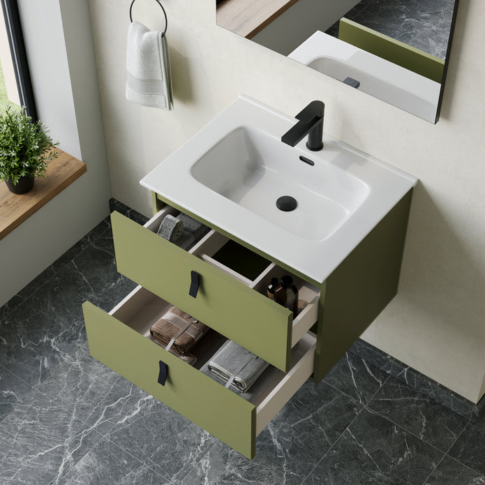 Invicta 600mm Wall Hung Vanity Unit with Matt Black Handles - Sage Green