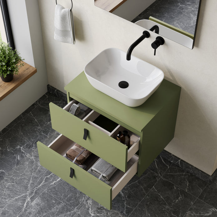 Invicta 600mm Wall Hung Vanity Unit with Matt Black Handles - Sage Green