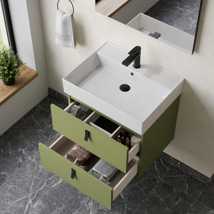 Invicta 600mm Wall Hung Vanity Unit with Matt Black Handles - Sage Green