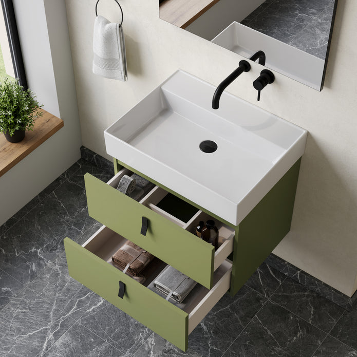 Invicta 600mm Wall Hung Vanity Unit with Matt Black Handles - Sage Green
